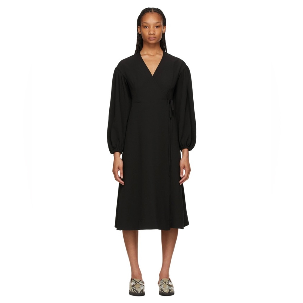 GANNI Black Heavy Crepe Wrap Dress - S